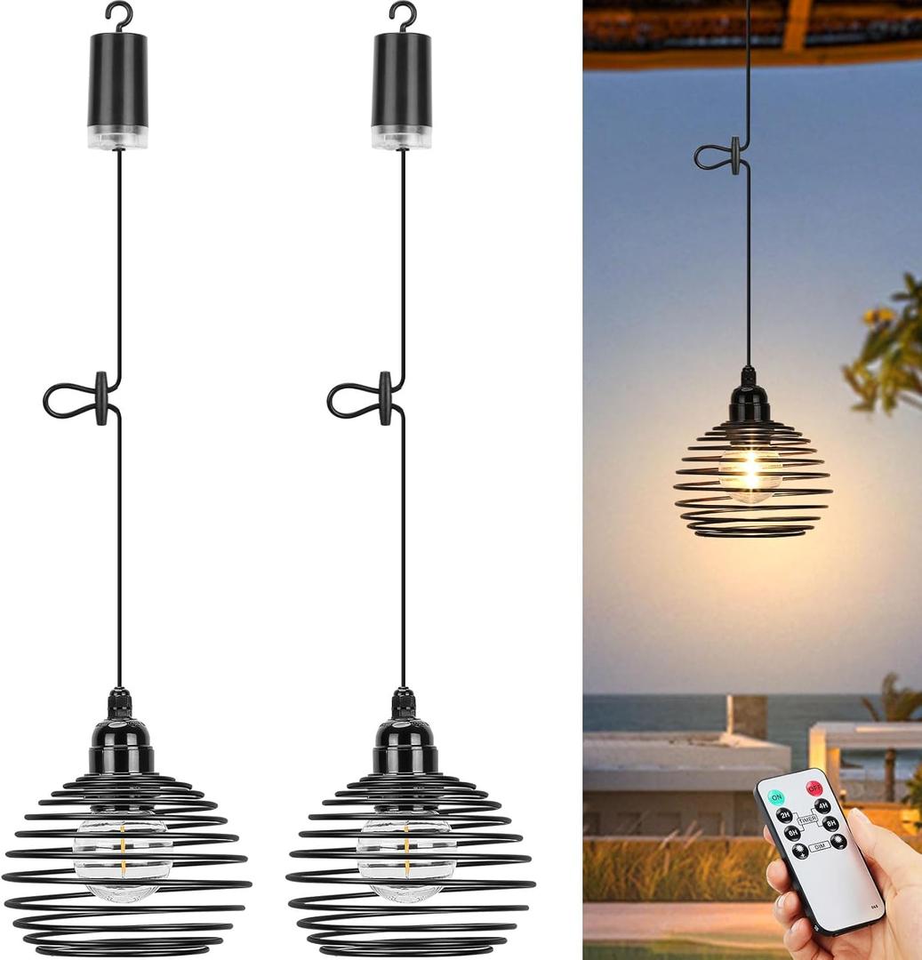 Lightless Outdoor Chandelier for Gazebo Lights Battery Operated, Black Battery Powered Hanging Light Pendant Waterproof for Garden, Patio, Porch
