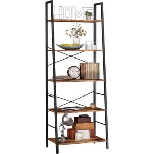 Yusong Ladder Bookshelf, BooksShelf Ladder Shelf, 5-Tier Bookcase for Bedroom, Industrial Book Shelves Storage Rack with Metal Frame for Home Office, Rustic Brown
