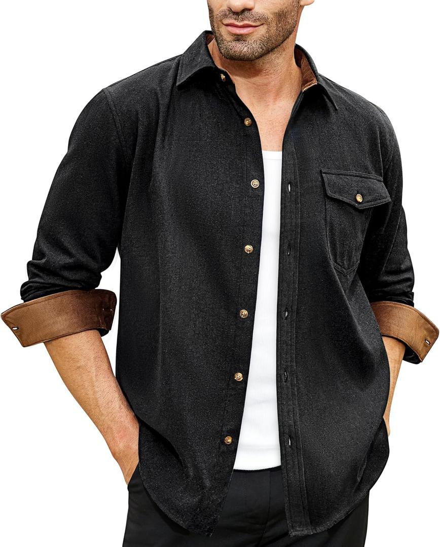 Lion Nardo Flannel Shirt for Men Long Sleeve Mens Dress Shirts Cotton Casual Button Down Shirt Big Work Shacket Jackets (Black)