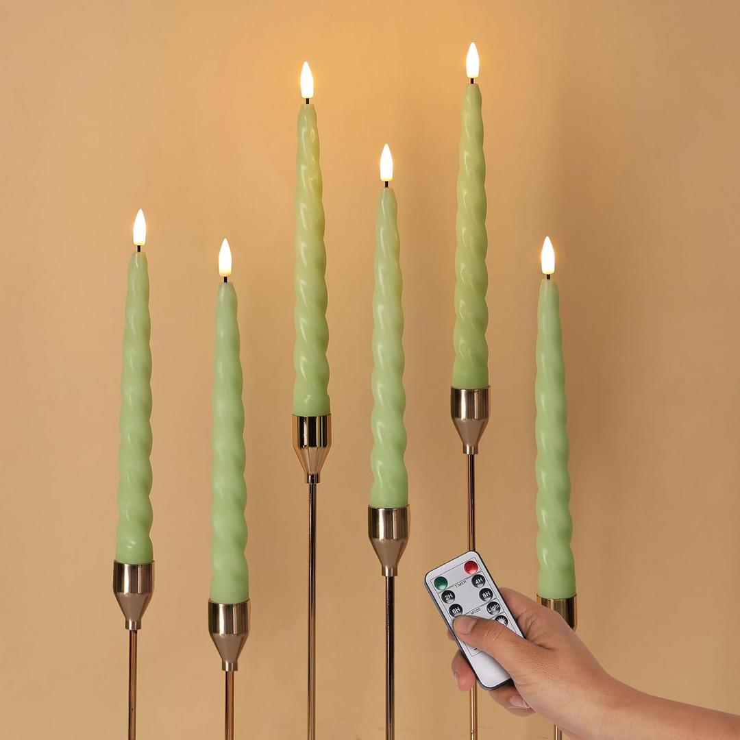 Spiral Green Flameless Taper Candles with Remote, Flickering Battery Operated LED Wax Candlesticks Spring Easter Home Decor Set of 6