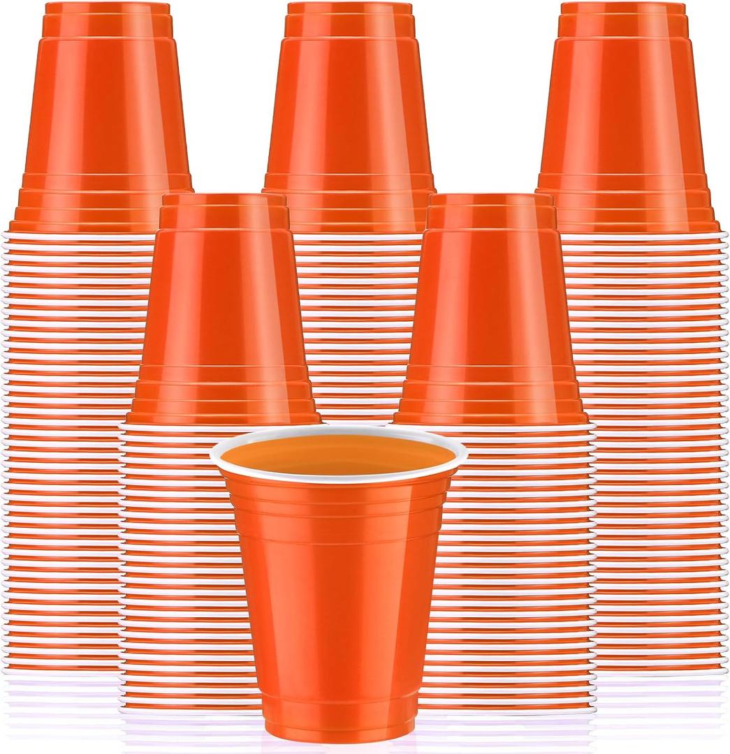 Sabary 100 Pack 12oz Plastic Cups Orange Graduation Heavy Duty Drinking Disposable Cups with Lines for Beverage Wedding Holiday Camping Barbecues Birthday Party Summer Outdoor Picnic