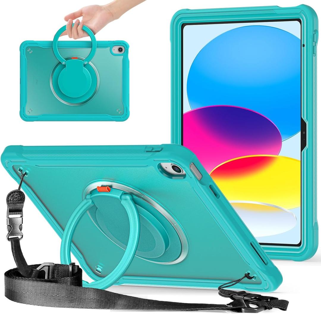 Heavy Duty Protection Case Compatible with iPad 10th Generation 10.9" 2022 Released,Hard PC+TPU Slim Case 360 Degree Rotating Handle Stand Bracket Heavy Duty Rugged Cover W Kickstand Shoulder Strap,Dr