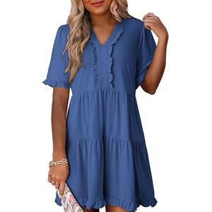 Dokotoo Summer Dresses for Women Short Sleeve V Neck Empire Waist Casual Flowy Swing Sail Blue Dress, Medium