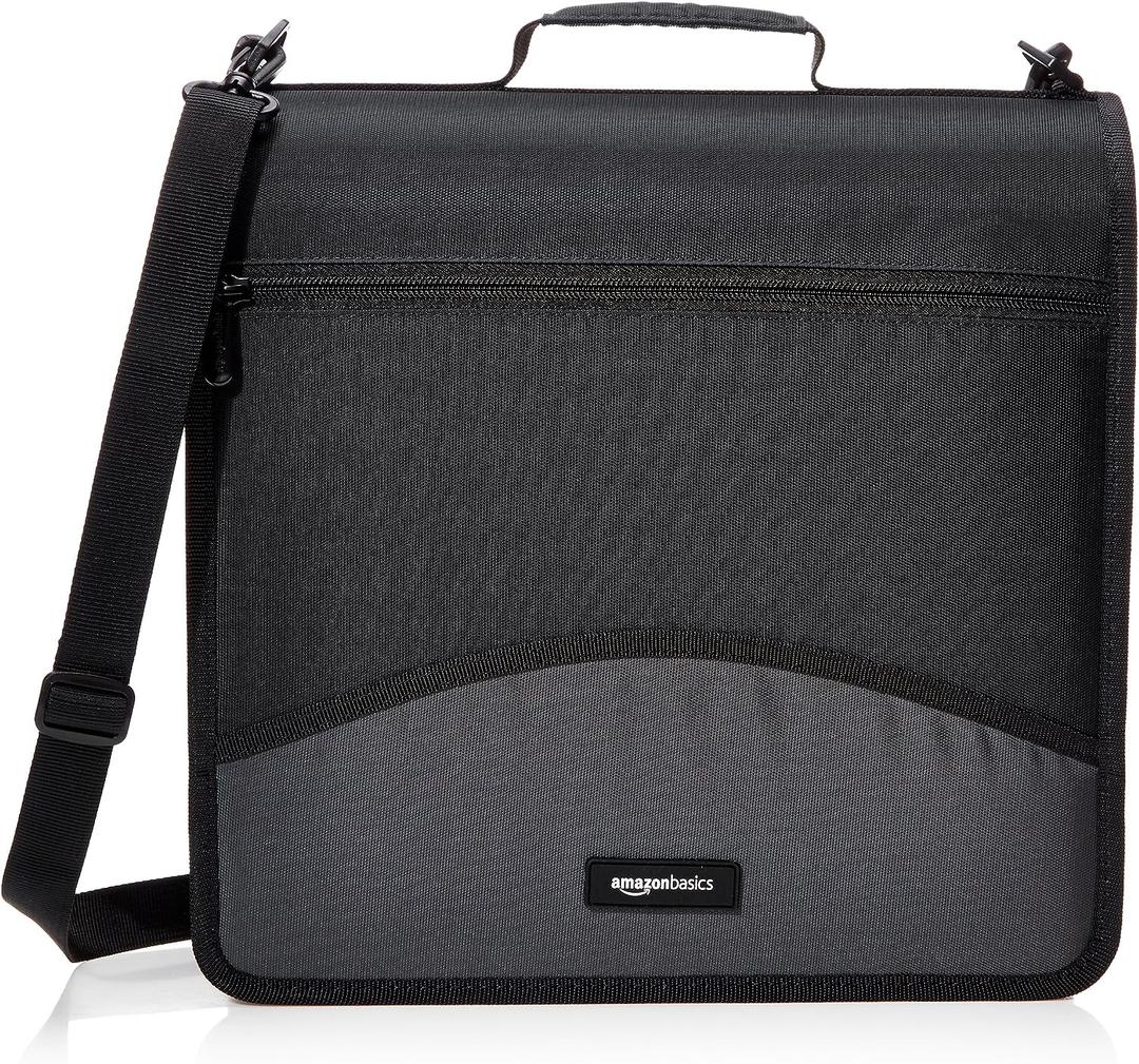Amazon Basics Durable 3 Ring Binder with Zipper and Strap, Multiple Pockets, Sturdy Storage for School and Office, 3 inch, Black