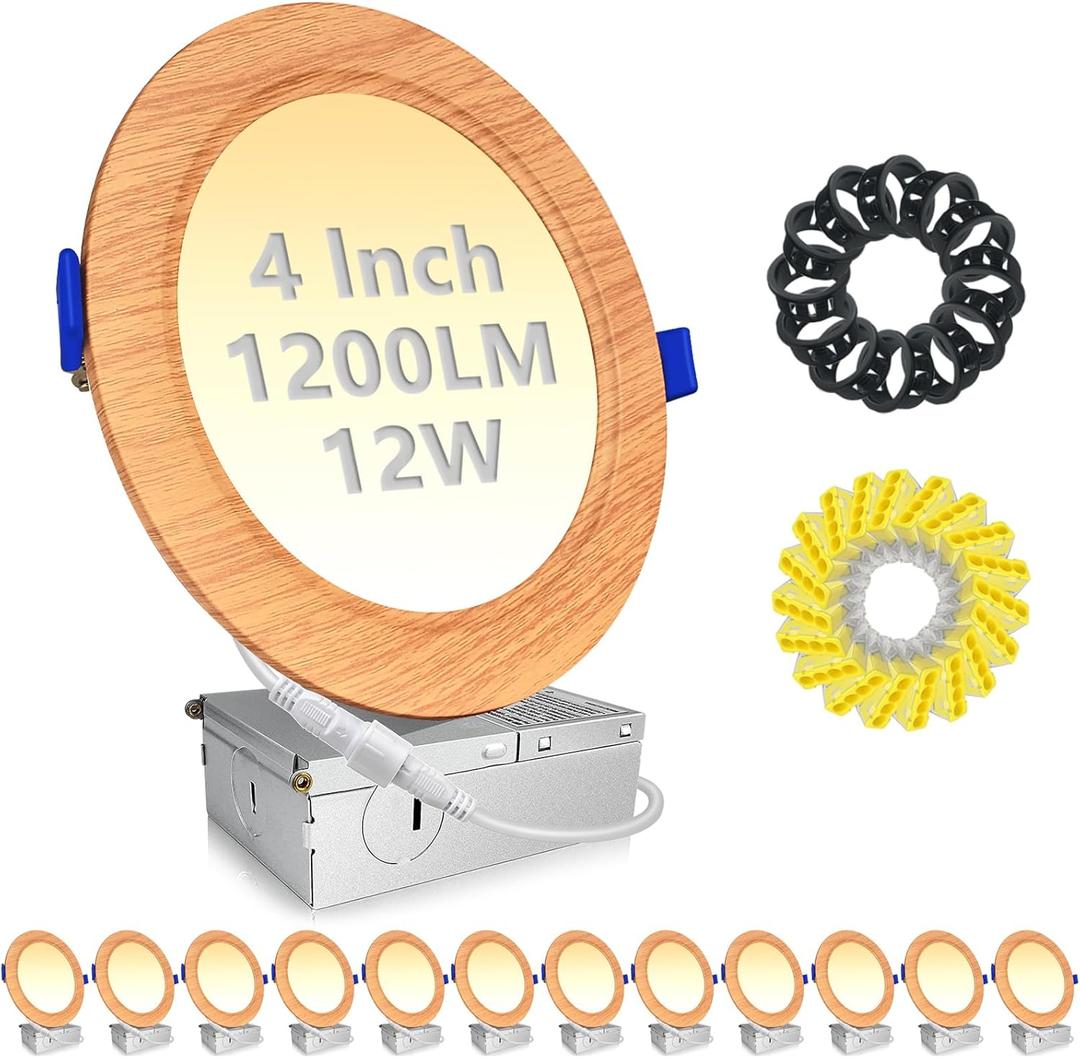 HiBay 4 Inch LED Recessed Lights, 1200LM 12W Eqv 150W, 5000K Dimmable Canless Recessed Lighting Fixtures, Wood Grain Wafer Downlights Rustic Farmhouse Style, 12 Pack HiBay 4 Inch LED Recessed Lights, 1200LM 12W Eqv 150W, 5000K Dimmable Canless Recessed Lighting Fixtures, Wood Grain Wafer Downlights Rustic Farmhouse Style, 12 Pack
