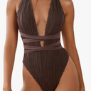 ZAFUL Women's One Piece Swimsuit Deep V Neck Ribbed Self Tie Sexy High Cut Bathing Suit Crisscross Back Swimwear Peacock Brown L