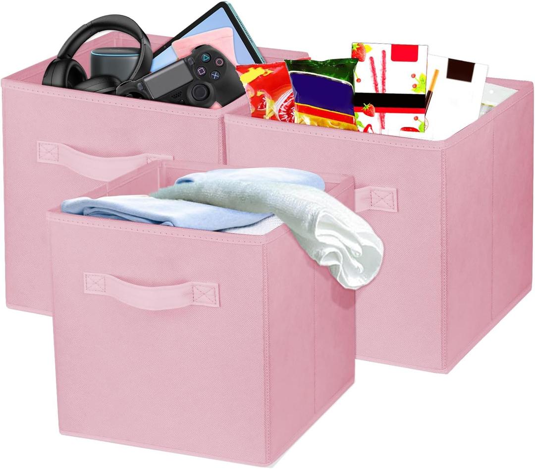 Zuihug 3 Pcs Storage Cubes, 10.5 Inch Collapsible Storage Bins, Fabric Foldable Bins for Organization, Durable Storage Bins for Closet, Shelves, Offices (Pink)