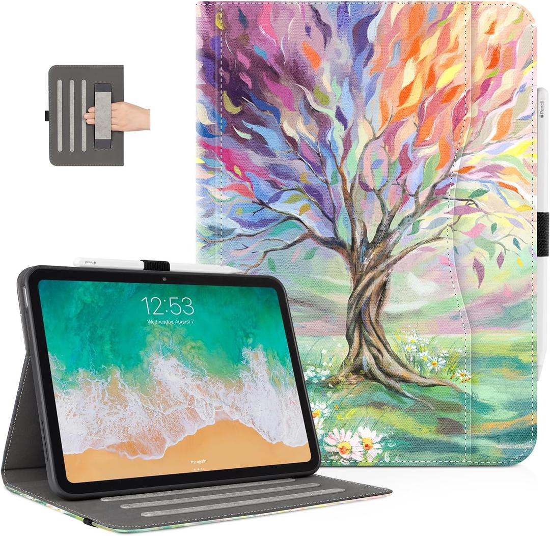 Case for iPad (A16) 11th Generation 2025, iPad 10th Generation Case Shockproof Protective with Pencil Holder, Multi-Angle View Adjustable Stand Pocket/Hand Strap/Auto Wake Sleep, Seasons Painting Tree