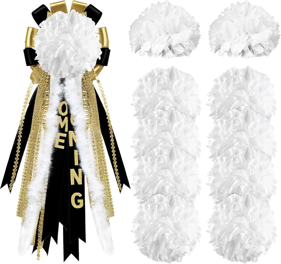 8Pcs Homecoming Mum Flower Bulk 6.5'' Silk Mum 20 Layers White Silk Mums Supplies Artificial Homecoming Mum Supplies White Tissue Hanging Paper Pom-poms for Party Wedding Home Outdoor Decor