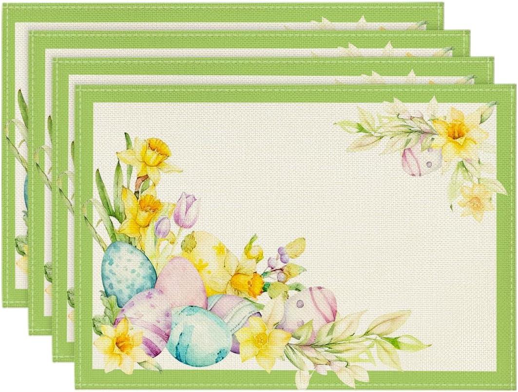 Artoid Mode Green Bunny Eggs Flowers Leaves Easter Placemats Set of 4, 12x18 Inch Seasonal Spring Holiday Table Mats for Party Kitchen Dining Decoration