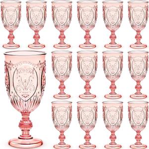 Wiwiqing 24 Pcs Plastic Goblets 7.5oz Vintage Goblet Plastic Wine Glasses Colored Retro Embossed Water Goblets for Wine Bar Juice Baby Shower Wedding Reception Grand Event Party (Pink)