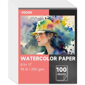 VEOOK Watercolor Paper Bulk, 8.5"x11" Water Color Paper, 100 Sheets 95lb/200gsm Artist Painting Drawing Paper for Adults, Paint, Sketchbook, Journal, Art Supplies(WC-05)
