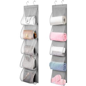 2 Pack Over the Door Hanging Vinyl Organizer Embroidery Stabilizer Holder Purse Storage for Closet Bath Towel Hanger Scarf Container 5 Large Pockets (One Side)