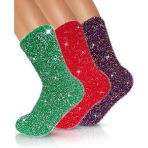 AIVEI Sparkly Fuzzy Socks for Women Men, Christmas Gifts Stocking Stuffers, Funny Cute Crazy Fluffy Plush Slipper Socks for Girls Boys 3 Pairs