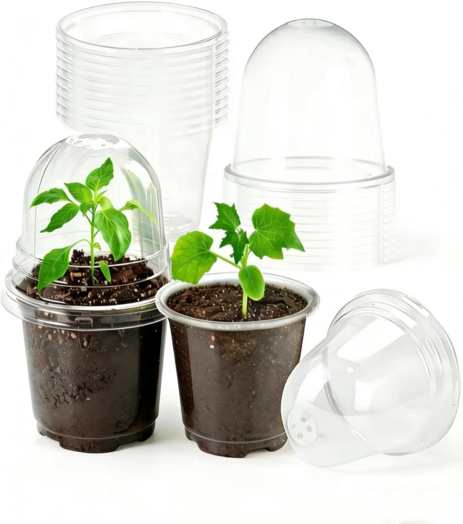 JOPY 4 Inch Plastic Nursery Pots with Humidity Dome for Plants 20 Pack Clear Seedlings Planting Pots for Garden Indoor and Outdoor Small Planter Containers with Drainage Holes