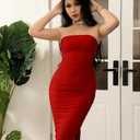 GOKATOSAU Women's Summer Strapless Mesh Bodycon Split Ruched Midi Party Dress Red (Red, L)