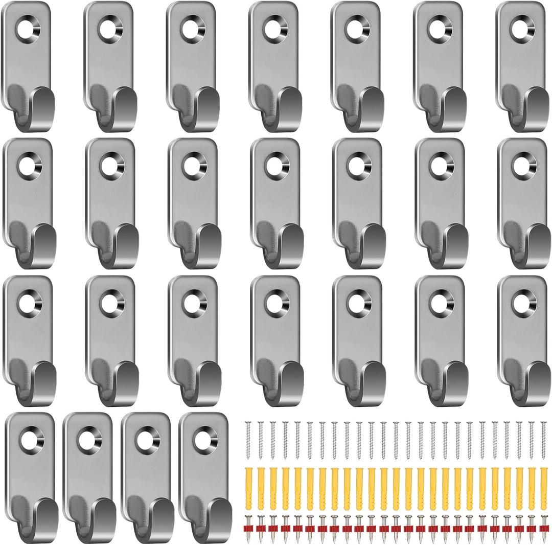 Sosation 25 Pcs Wall Mount Hooks J Hooks for Hanging Mirror Hanging Hardware 304 Stainless Steel Mini J Hook for Hanging Art Heavy Duty Hanger with Screws for Picture Frames Wire Key Bag, Silver