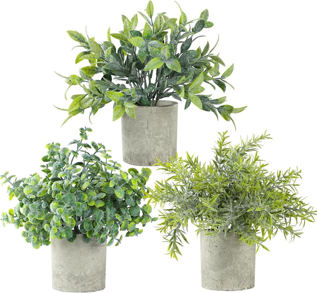 3 Pack Life-Like Potted Fake Plant, Artificial Plants Indoor, Artificial Frost-Hung Green Plants,Eco-Friendly Gray Pot, No Need for MaintenanceIdeal Decor for Home and Office