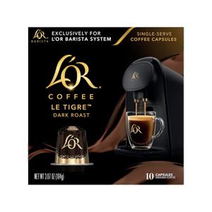 L'OR Coffee Pods, 10 Count Le Tigre Dark Roast Blend, Single-Serve Aluminum Coffee Capsules Compatible with the L'OR BARISTA System & *Nespresso Original Machines, 10 count (Pack of 1) (EXP 08/14/26)