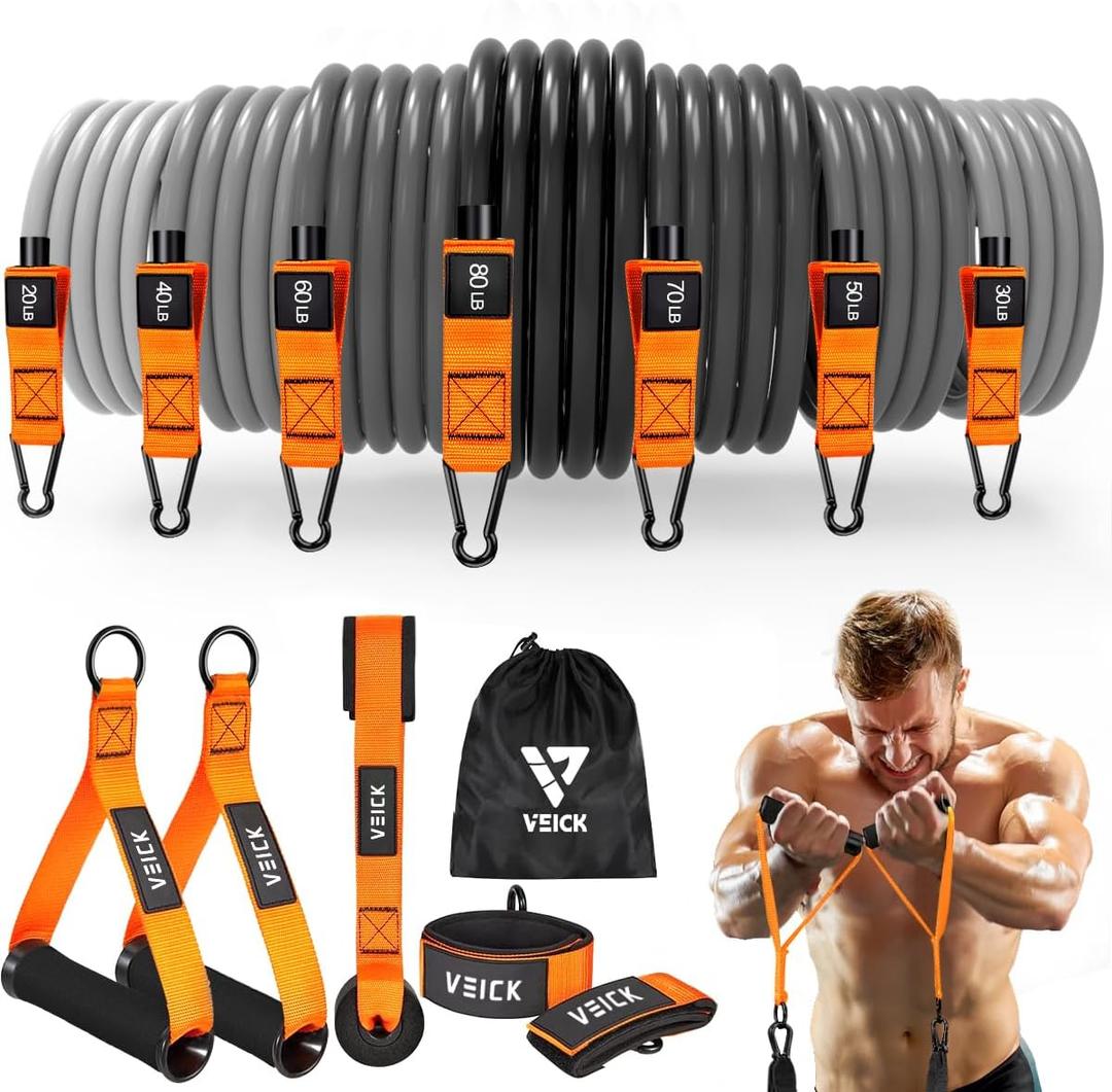VEICK Resistance Bands, Exercise Bands for Working Out with Handles, Elastic Workout Bands for Men Women, Exercising Bands for Strength Training Equipment at Home Gym (350LBS Orange Gray)