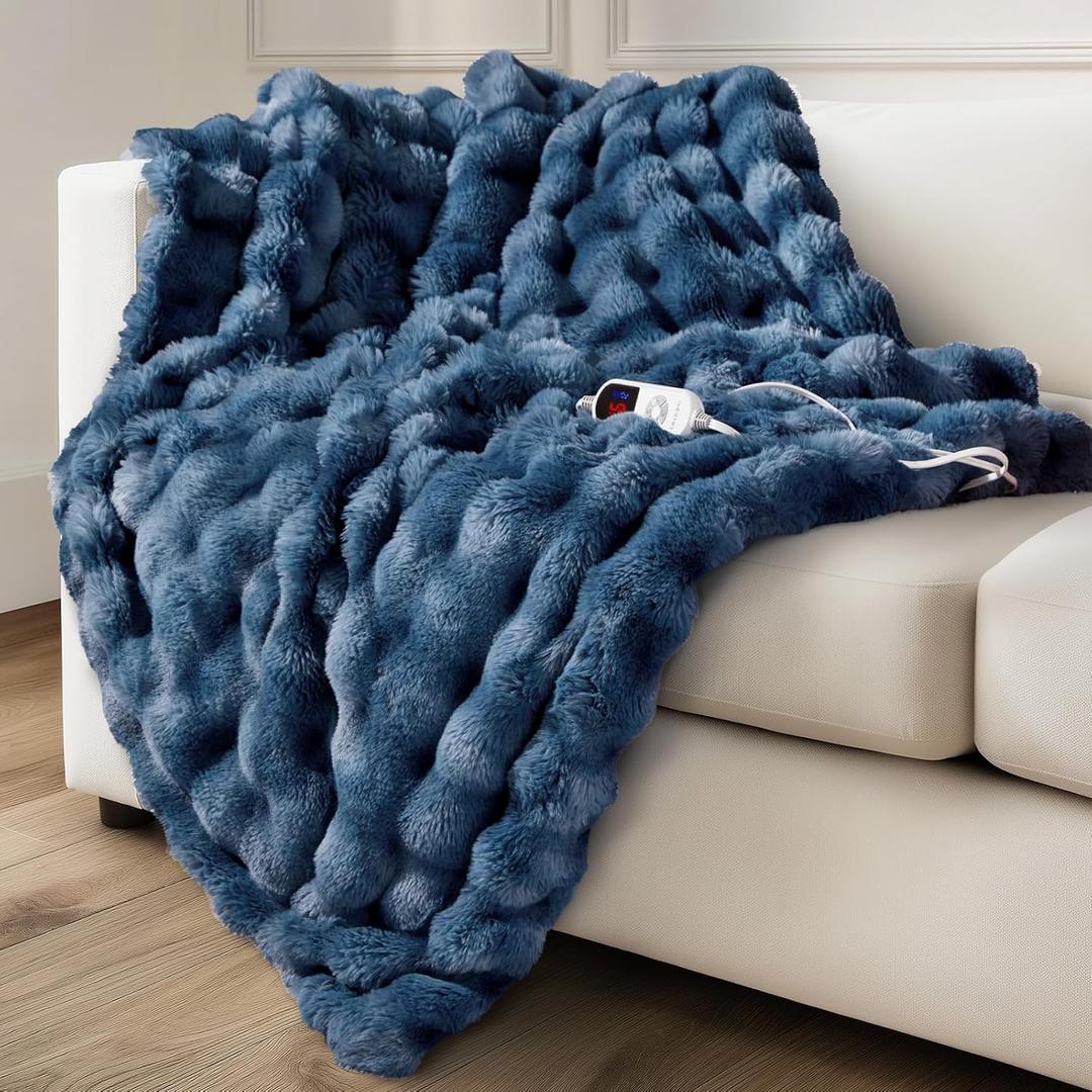 Electric Heated Blanket for Girls & Women, Soft & Luxurious, Faux Rabbit Fur Heating Throw Blankets, 6 Heat Settings, Overheat Protection, Quick Heating, Memory Function, Gift-Ready Design, 50"x60" (Blue)