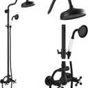 gotonovo Luxury Exposed Shower Faucet Set Bathroom Shower System 8 Inch Wall Mount Rainfall Shower Head with Handheld Spray Cross Double Handle Shower Fixture Adjustable Arc Rod Matte Black