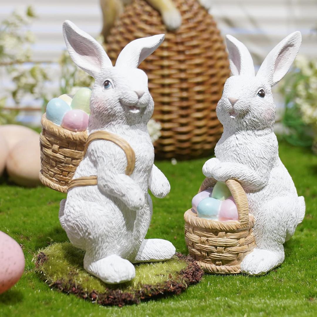 Easter-Basket Bunny-Decor-Figurines Home-Decorations - 2PC Easter Decorations Table Ornaments Resin Spring Bunny Carry Egg Basket Tabletop Decorations for Home Farmhouse 5.25H inch Newman House Studio