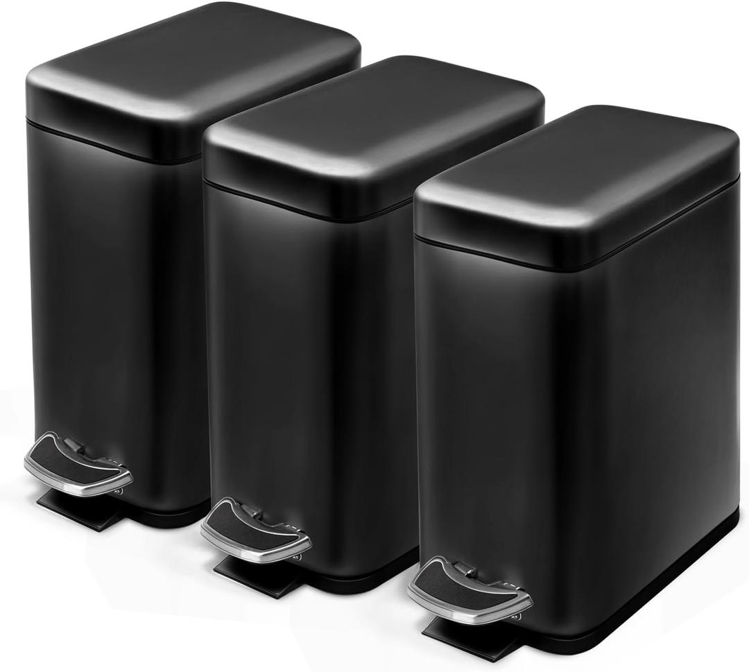 Home Zone Living 1-Pack 1.3 Gallon Small Black Bathroom Trash Can with Lid and Step Pedal, Stainless Steel Wastebasket with Slim Design for Home and Office, 5 Liters