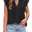 KIRUNDO Spring Tops for Women Lightweight Blouses Dressy Casual Ruffle Sleeve V Neck Pleated Business Casual Summer Shirts(Black, Small)