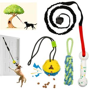 Interactive Dog Bungee Tug Toy, 4 Pieces Hanging Spring Pole for Puppy/Small/Medium Dogs, Outdoor Tether Rope for Yard Tree, Indoor Door Pull Toy for Self Play and Solo Exercise
