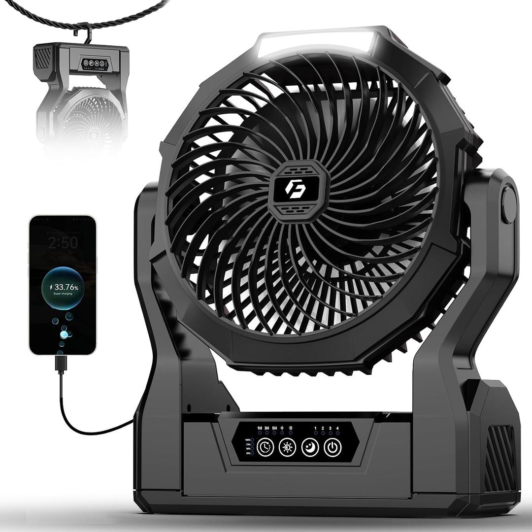 XZK 24000mAh Rechargeable Camping Fan, 64H Runtime Battery Powered Portable Travel Fan with LED Light, Tent Fans for Indoor,Outdoor,Fishing,Jobsite & Hurricane Emergency,Gifts for Men Dad Him,Black, Large-12-64Hours