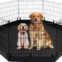 PJYuCien Dog Playpen with Bottom Pad - Metal Foldable Exercise Pen, 8 Panels 24" H x 24" W Indoor Outdoor Pet Fence Puppy Crate Kennel, Black