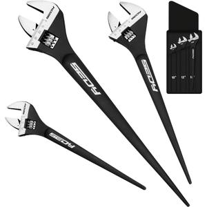 3-Piece Adjustable Spud Wrench Set, 10-inch, 12-inch, 16-inch, SAE and Metric Scale Marked, CR-V Steel with Black Oxide Finish