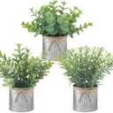 Mkono Mini Fake Plants in Farmhouse Galvanized Metal Pots 3 Pack Small Potted Artificial Plant Eucalyptus for Laundry Room Bathroom Shelf Table Decor (Grey)