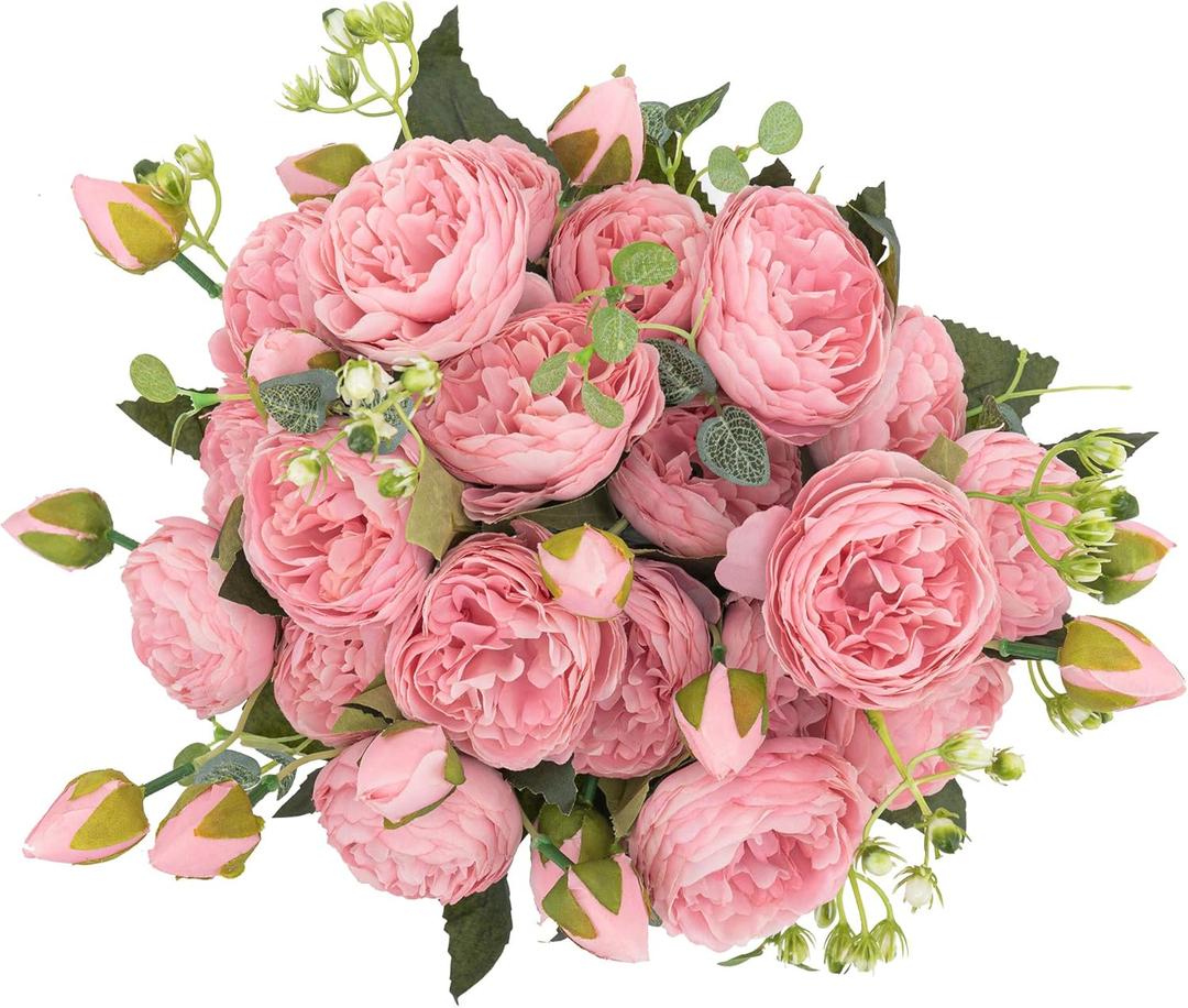 KAHAUL Artificial Flowers Pink Silk Peony Fake Flower Artificial Small Pieces Wedding Bouquet Design for Home Wedding Kitchen Decoration Indoor (4 Pack, Pink)