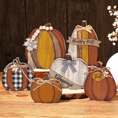 Wonderjune 6 Pcs Fall Decor Modern Rustic Pumpkin Wooden Sign Tabletop Decorations Farmhouse Autumn Table Centerpiece Blessing Tiered Tray Decor for Fall Thanksgiving Home Office Desk Shelf Decoration