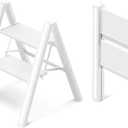 GameGem 2 Step Ladder, Aluminum Folding 2 Step Stool with Anti-Slip Sturdy and Wide Pedal, Lightweight Portable Stepladder for Home and Kitchen Use Space Saving, Cream White, 330 lbs