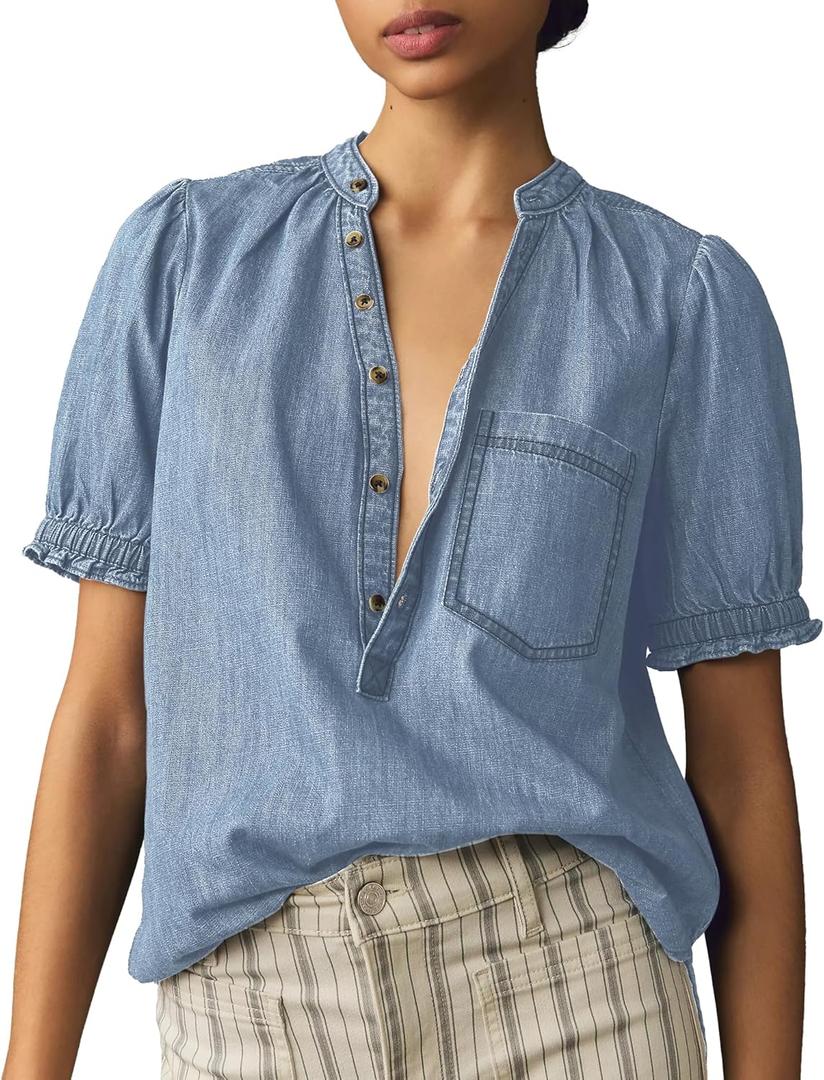 Locachy Women's Half Button Mock Neck Denim Shirt Casual Puff Short Sleeve Denim Blouse Top (Blue, L)