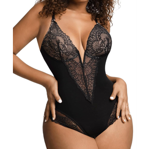 Popilush Lace Shapewear Bodysuit Tummy Control Corset Tops V Neck Sleeveless Backless Body Suit Thongs, L
