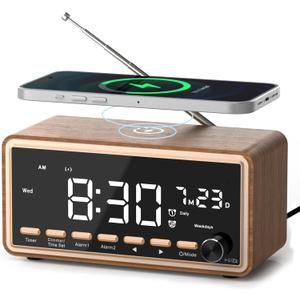 Digital Alarm Clocks Radio for Bedrooms,FM Radio & White Noise Sound Machine with Timer,Bluetooth Speaker,Dual Alarm Clock with Wireless Charging,Dimmable Big LED Display,Holiday Gifts for Men Women