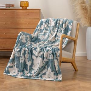 Luxury Printed Fleece Warm Throw Blanket, Soft Lightweight Velvety Plush Throw for Couch and Bed, Cozy Comfy for All Seasons(Blue Floral Silhouette, 5070 Inches)