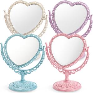 DEAYOU 4 Pack Heart Shaped Cosmetic Mirror, Vintage Vanity Tabletop Mirror with Double Sided, Rotatable Dresser Mirrors with Stand for Makeup, Girl, Women, Beauty, Spa Party, 4 Color