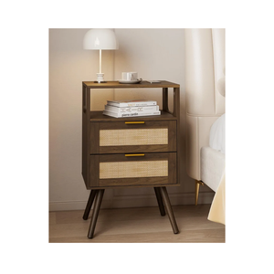 Rattan Nightstand,Farmhouse Bedside Table with 2 Storage Drawer and Open Wood Shelf, for Bedroom and Small Spaces,Night Stand with Solid Wood Legs (Walnut Brown)