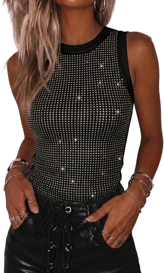 CHICME Women's Studded Sleeveless Knit Tank Top Slim Fit Ribbed Top Y2K Party Going Out Tops, Small