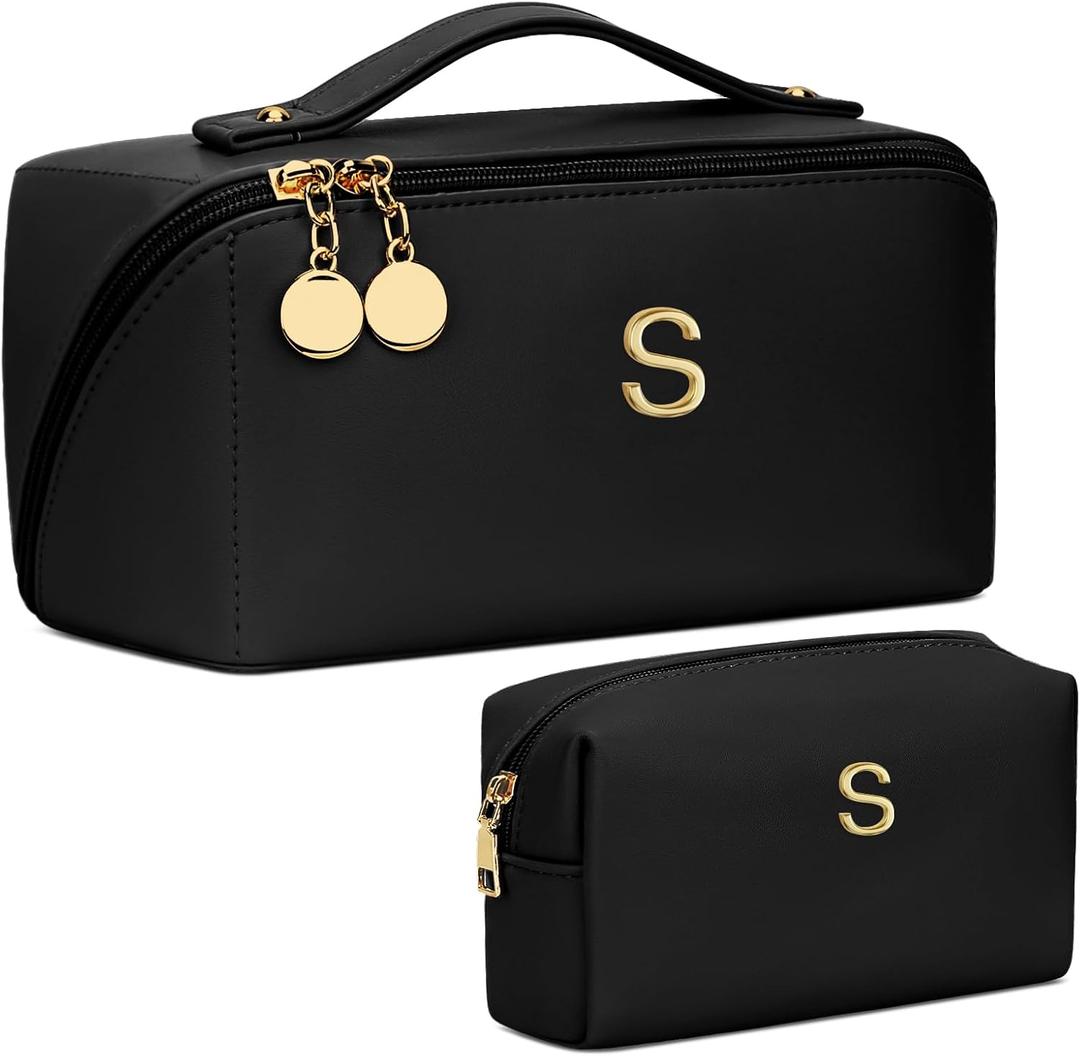 Birthday Gifts for Women Teen Girl, Personalized Initial Makeup Organizer Bag Set, Open Flat Travel Cosmetic Bag With Clear Divider and Handle(Black,S)