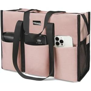 TOPDesign Utility Water Resistant Tote Bag with 13 Pockets, Top Zipper Closure & Thick Bottom Support, for Working Women, Pink