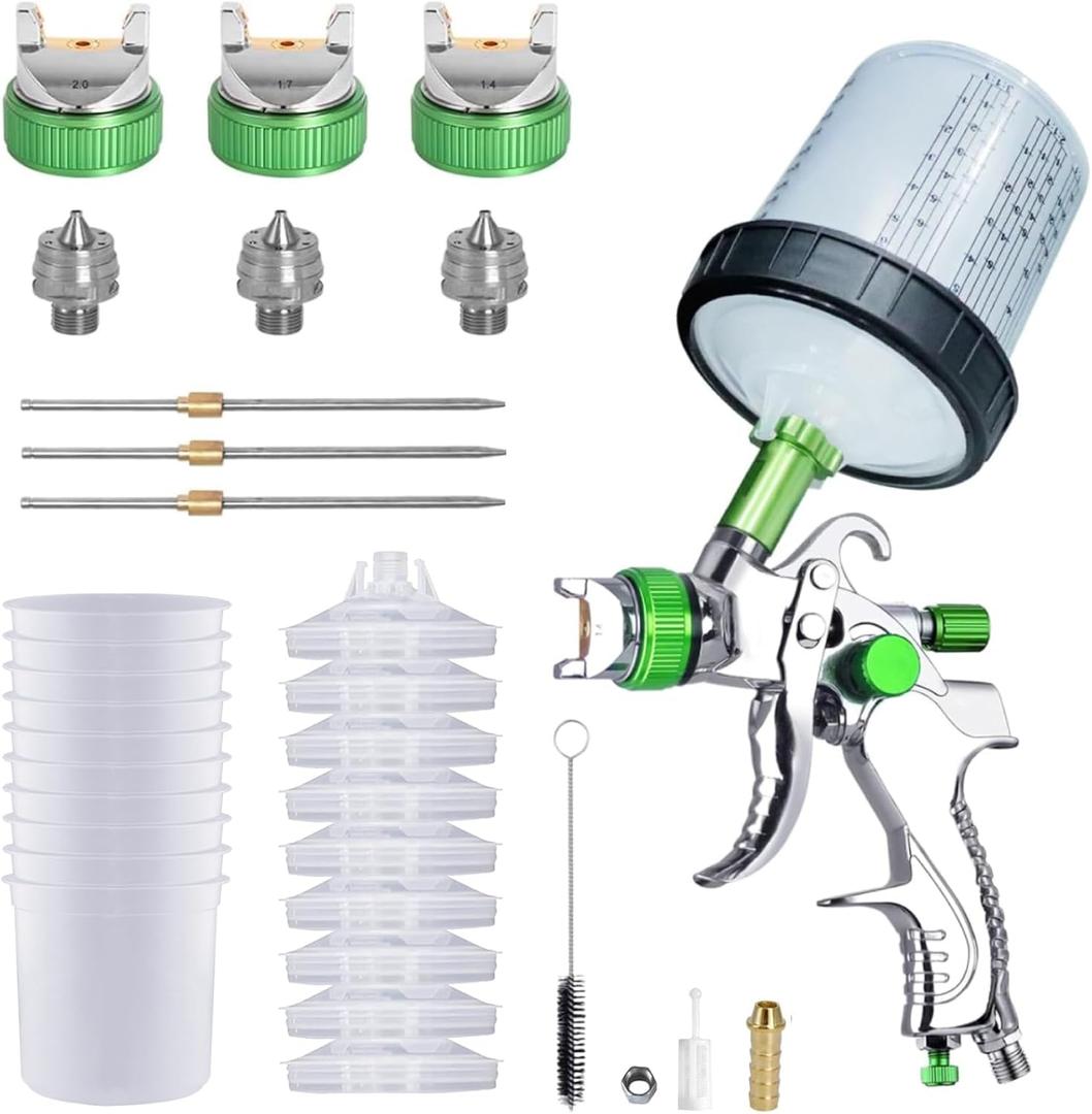 HVLP Paint Sprayer with 10pcs 600ML Mixing Quick Cup,Spray Paint Gun Set Contain 3 Nozzles 1.4/1.7/2mm &Pressure Gauge,Sprayer Gun for Car Painting,Furniture Surface Spraying (Green-Spray Gun Kit)