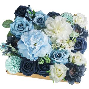 Artificial Flowers Combo Box Set,Silk Fake Flowers Roses Bridal Bouquets Out/Indoor DIY Centerpieces White Flowers for Decoration Arrangements Party Baby Shower Home Cake Decor (White&Blue)