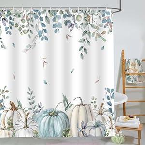 Pumpkin Fall Shower Curtains for Bathroom, Eucalyptus Leaves Watercolor Pumpkins Shower Curtain Sets, Autumn Botanical Seasonal Bathroom Decor Bathtub Waterproof Polyester Fabric with Hooks, 72x72
