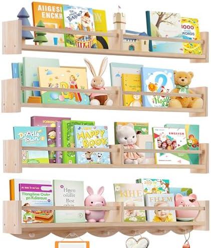 Dixryaus 34Inch Nursery Book Shelves Wall Mounted, Floating Book Shelf for Kids Coat Rack with 6 Hooks, Wall Hanging Shelf for Baby Nursery Room Organizer, Patent Number:US-D1058229-S(4, Burlywood)